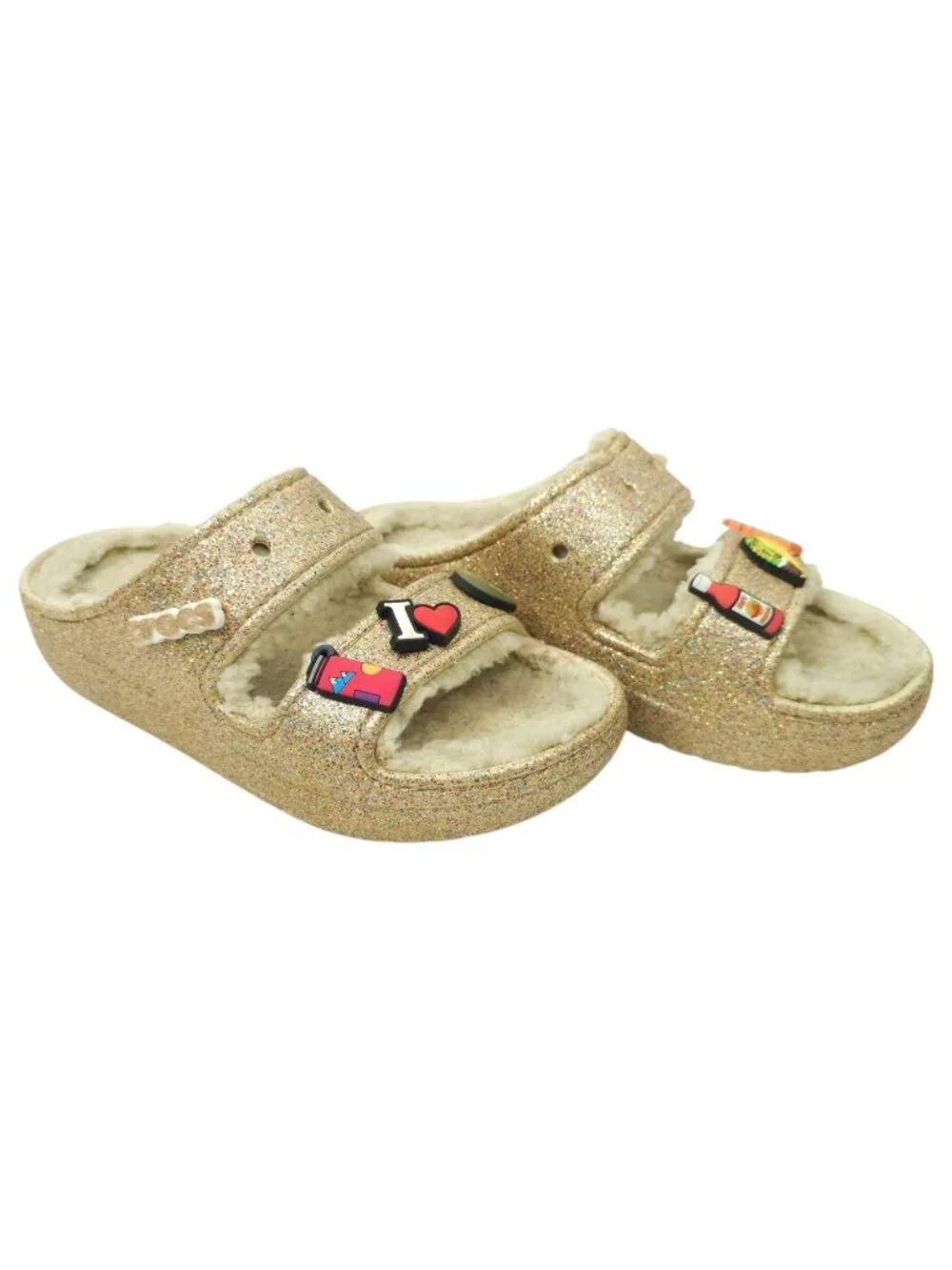 Crocs Classic Cozzzy Glitter Sandals Women 7 Gold Fuzzy Lined Slide Taco Jibbitz